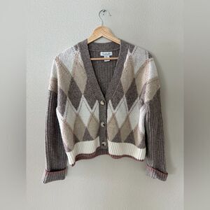 Rachel Zoe Argyle Knit Cozy Cardigan Sweater White Beige and Brown Size S